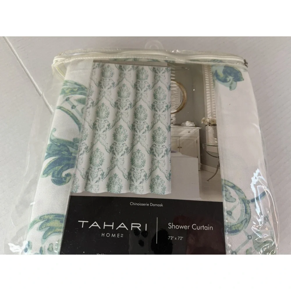 Tahari Home Green Blue Chinoiserie Damask Fabric Shower Curtain Paisley NWT